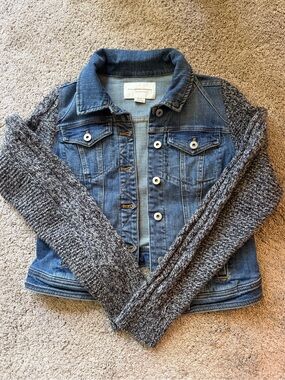 Pilcro and the Letterpress mixed material denim Jacket with Knit Grey Sleeves